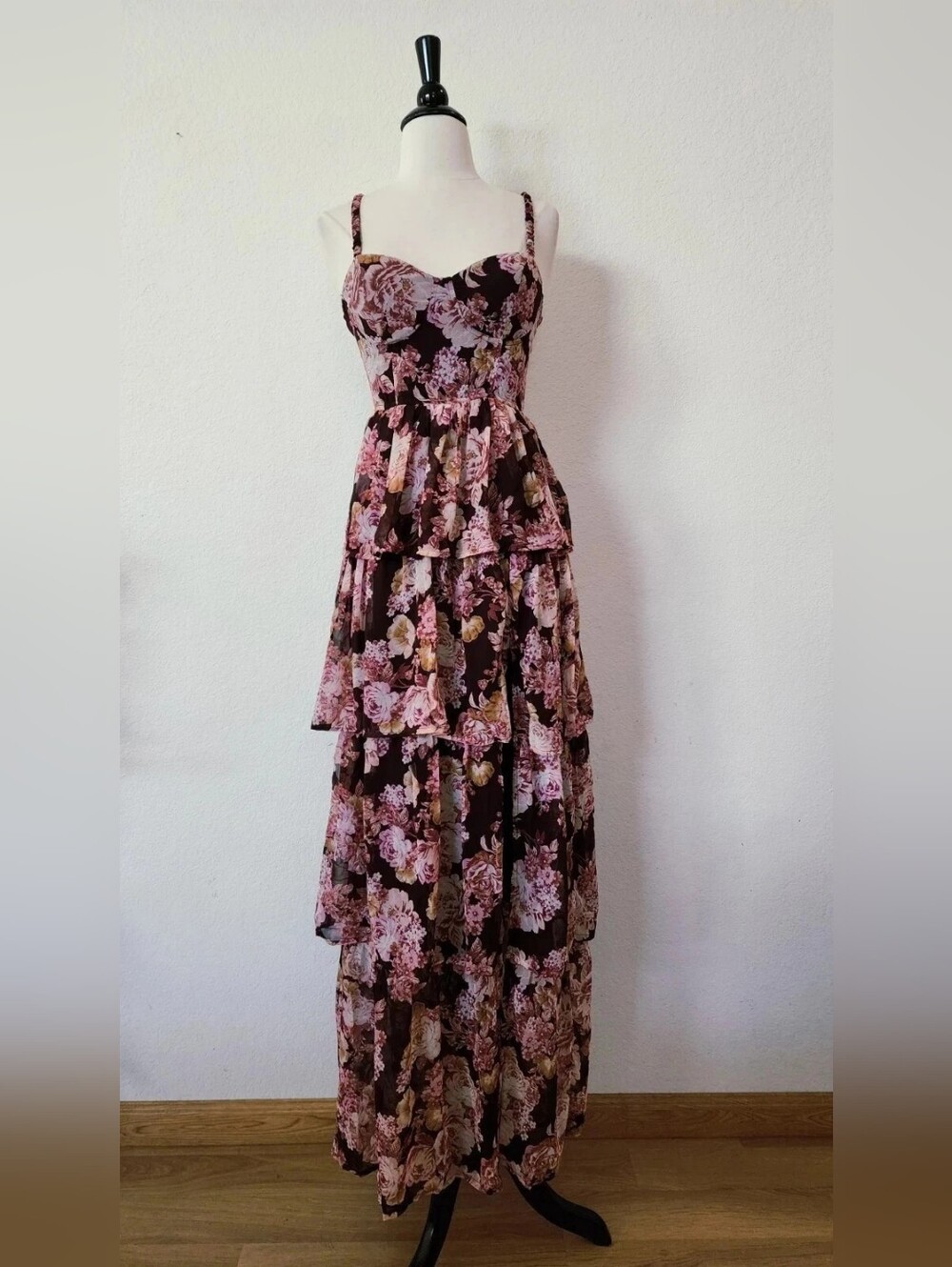 Floral Tiered Maxi Dress in Burgundy and Pink